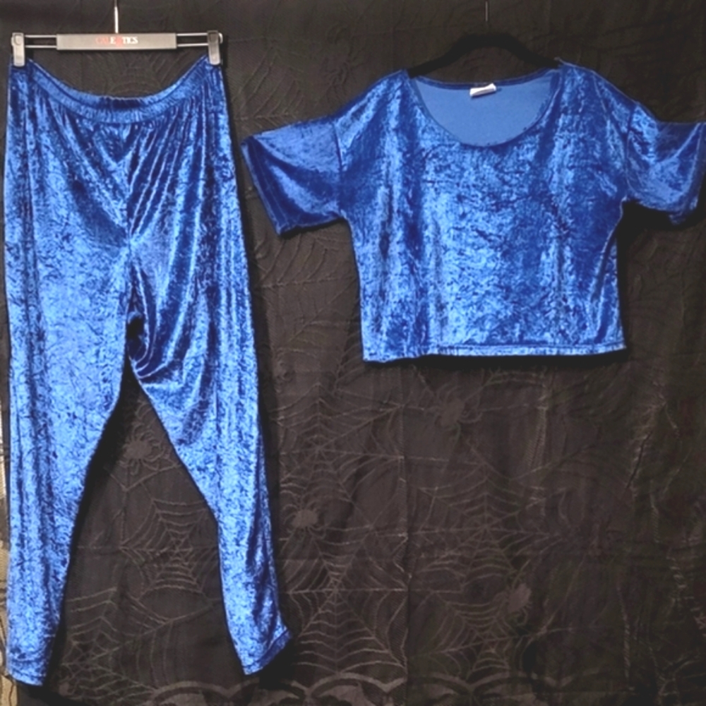 Vtg 90s Secret Treasures  blue sateen crushed velvet crop top loungewear set L